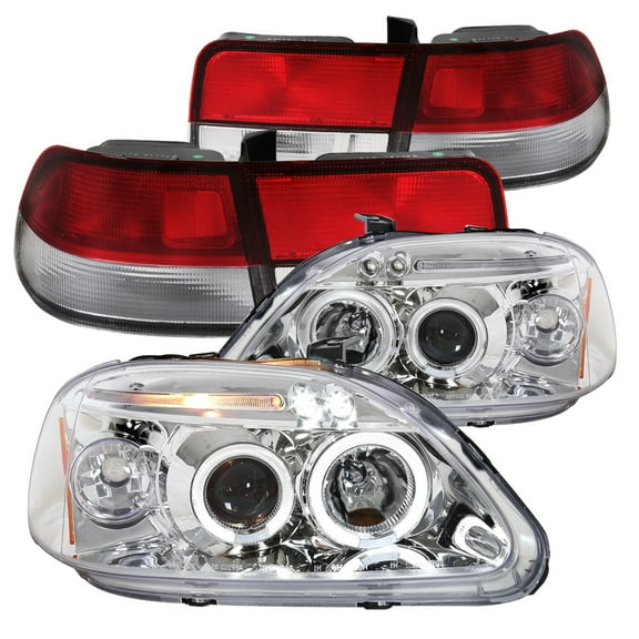 Spec-D Tuning Chrome Halo LED Projector Headlights Red Clear Tail Lamps Compatible with 1996-1998 Honda Civic Coupe Left Right Pair Headlamps Assembly