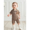 thumbnail image 3 of BemeyourBBs Newborn Baby Boy Girl Football Outfit Striped Rugby Romper Button Down Collared Short Sleeve Jumpsuit Fall Winter Clothes Coming Home Outfit, 3 of 9
