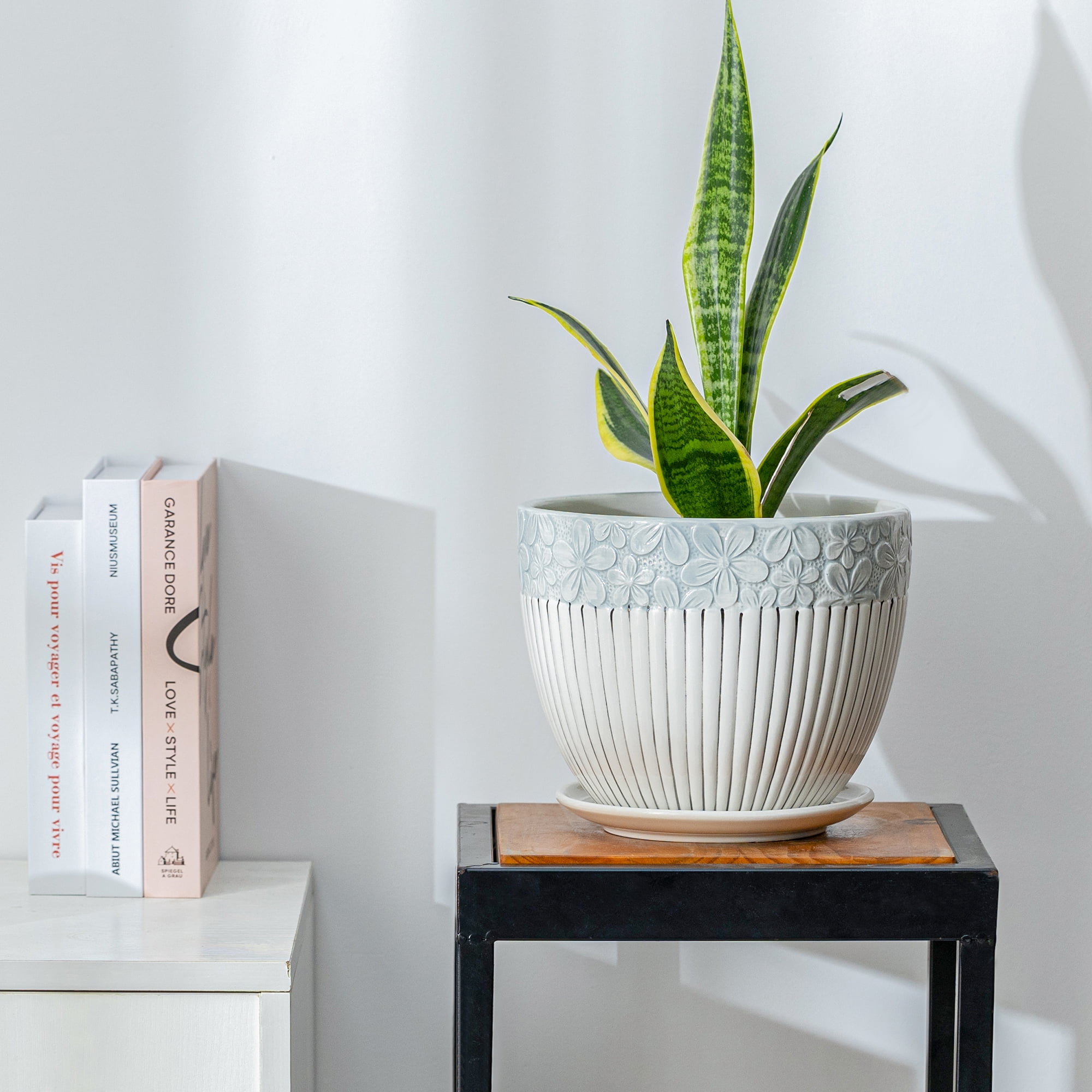 8 Inch Grey Flower Pots,Texture Planter for Indoor Plants 8 Inch Ceramic Flower Pots with Saucer