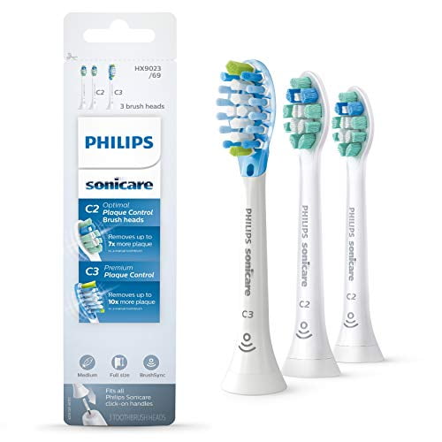 Philips Sonicare replacement toothbrush head variety pack, 2 Optimal Plaque Control + 1 Premium Plaque Control, HX9023/69, BrushSync technology, White 3-pk