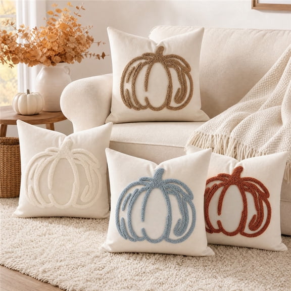 Fall Decorations Tufted Pumpkin Pillow Cover, 18x18 Inch Cream Linen Throw Cushion Case for Sofa & Bed, Autumn Harvest Accent (Insert Not Included) A