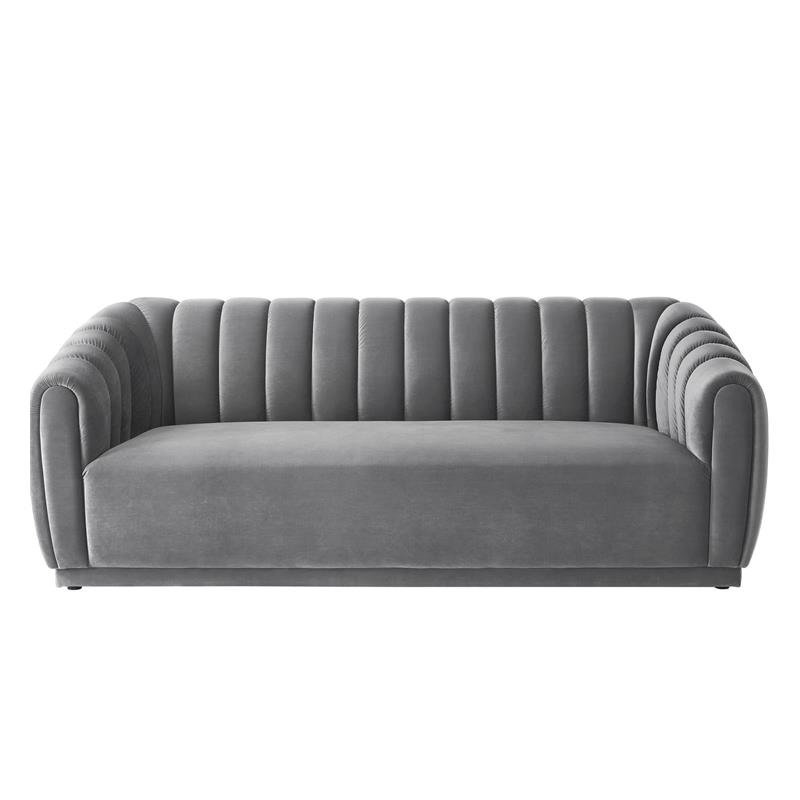 Bellarose Sofa Grey Velvet Channel Tufted Arms and Back Rolled Arms