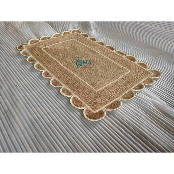 Scalloped Natural Jute Area Rug, Off White Color Trim, Size 2'x3' to 5'x8'