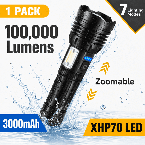 YTAKY Flashlight, 100000Lumens , 3000mAh USB Rechargeable IPX6 Waterproof, Super Bright XHP70.2 Flashlight,Zoomable Handheld Torch for Hiking Hunting Camping