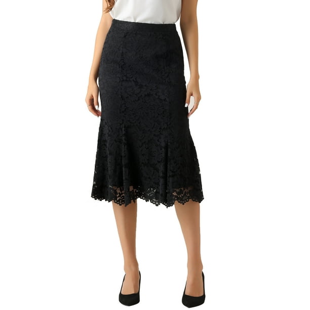 Falda lápiz de encaje INSPIRE CHIC para trabajo de oficina de mujeres, cuerpo ajustado, falda midi de cola de pez XL negra