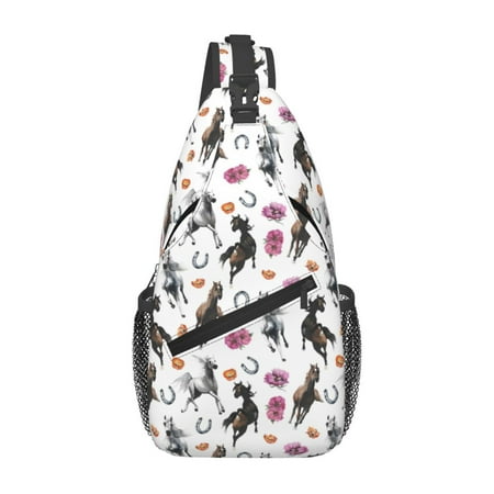 Watercolor Horses Horseshoe Sling Bag Chest Bag Daypack Crossbody Sling Backpack for Traveling Sports Running Hiking