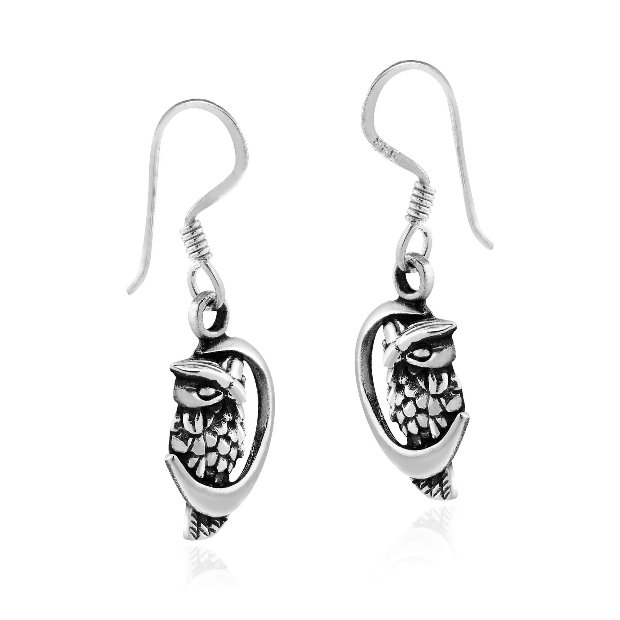 Intuitive Owl Perched on the Crescent Moon Sterling Silver Dangle Earrings 