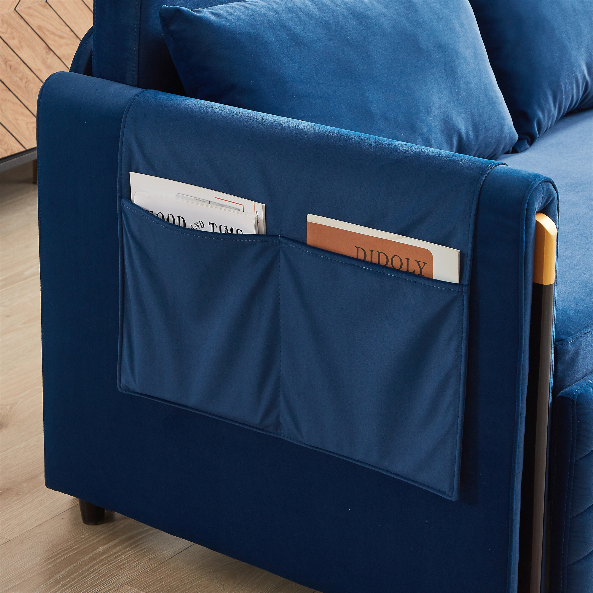 Aukfa Velvet Futon Convertible Loveseat Sleeper Sofa, Full Size, 2Pillows&Side Pockets, Blue