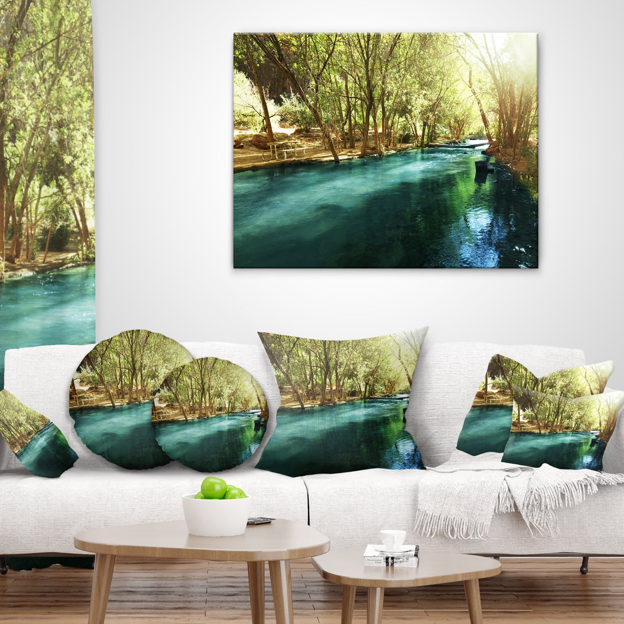 Designart Beautiful Small River in Forest - Landscape Printed Throw Pillow - 16x16
