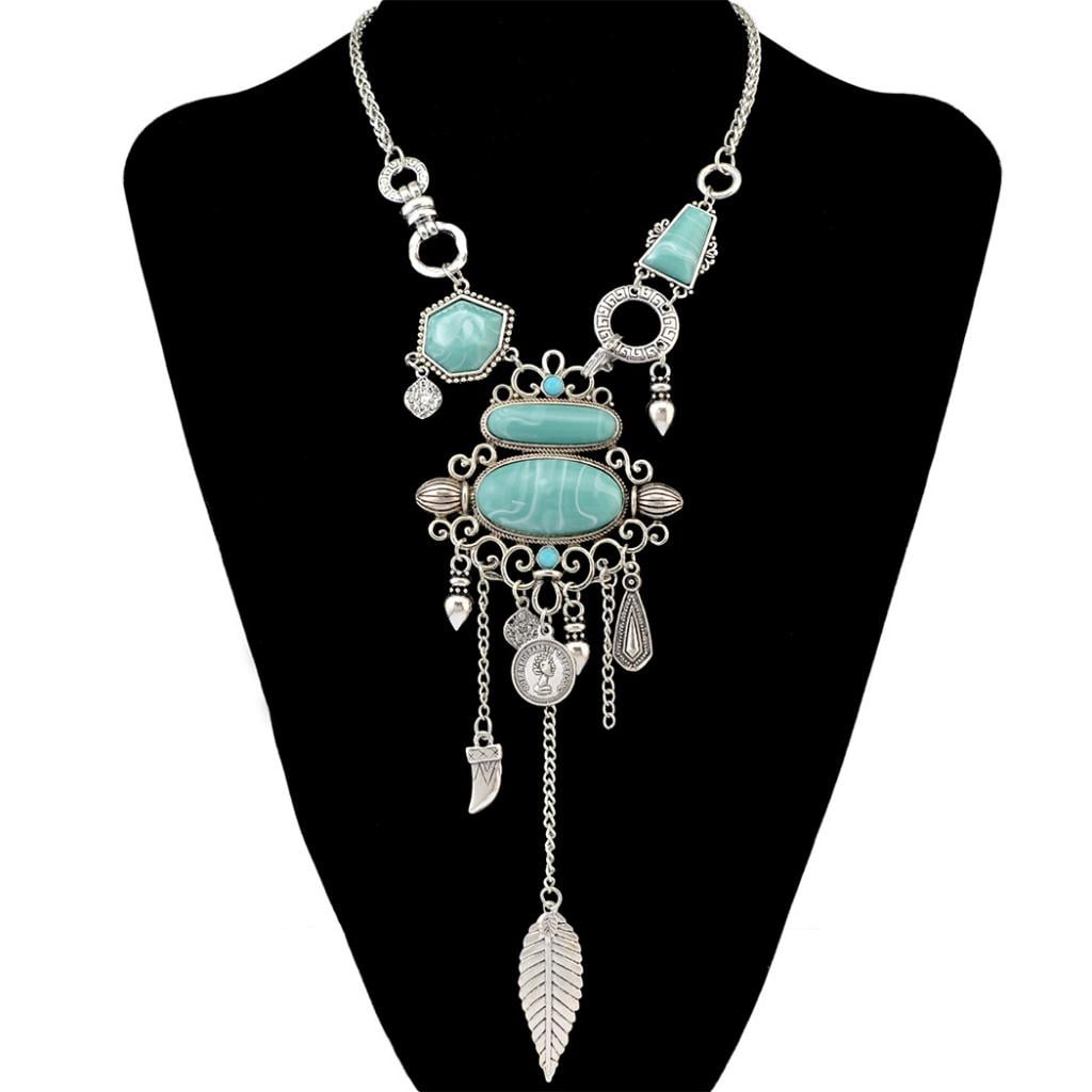 Retro Bohemian Turquoise Tassel Chain Choker Pendant Necklace 