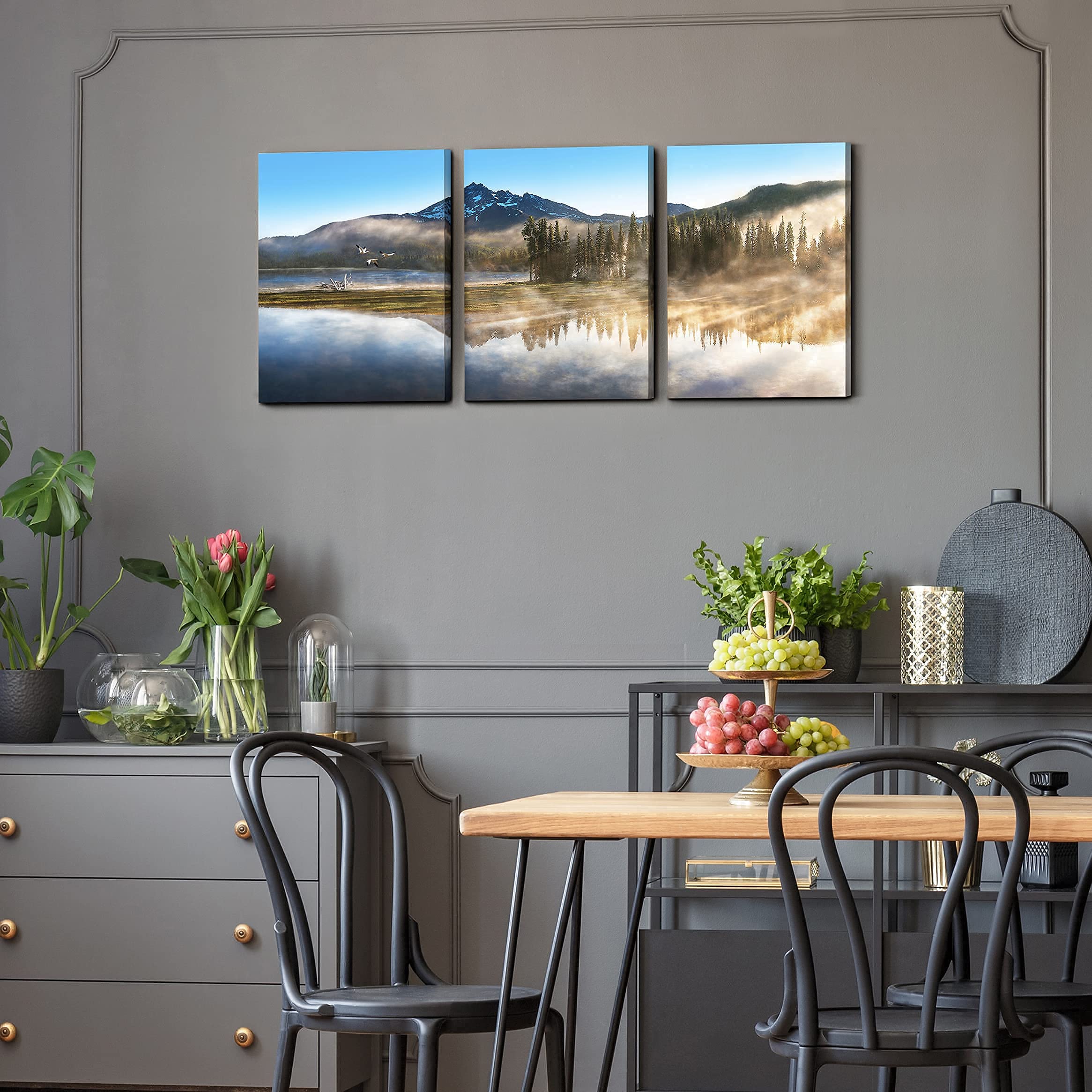 Mountain Canvas Wall Art For Living Room Paintings For Bedroom Wall Art Forest Landscape Art Large Picture Home Nature Wall Decor 3 Piece Wall Art Framed Ready to Hang Artwork, 12x16 inch x3 panels