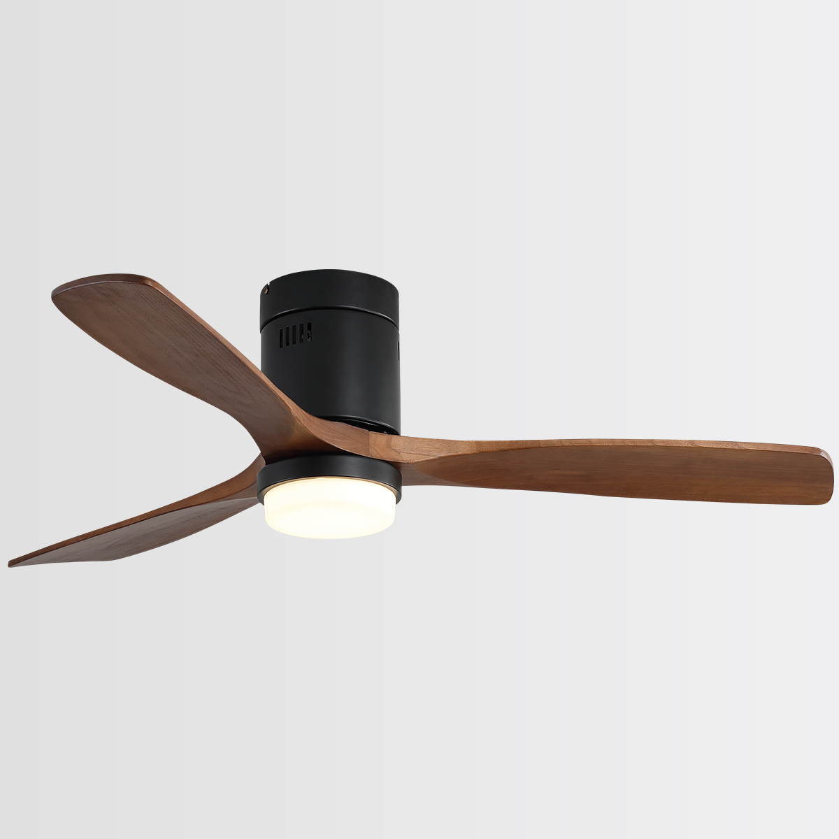 Sofucor 52" Flush Mount Wood Ceiling Fans with Dimmable LED Light, Black with 3 Brown Blades