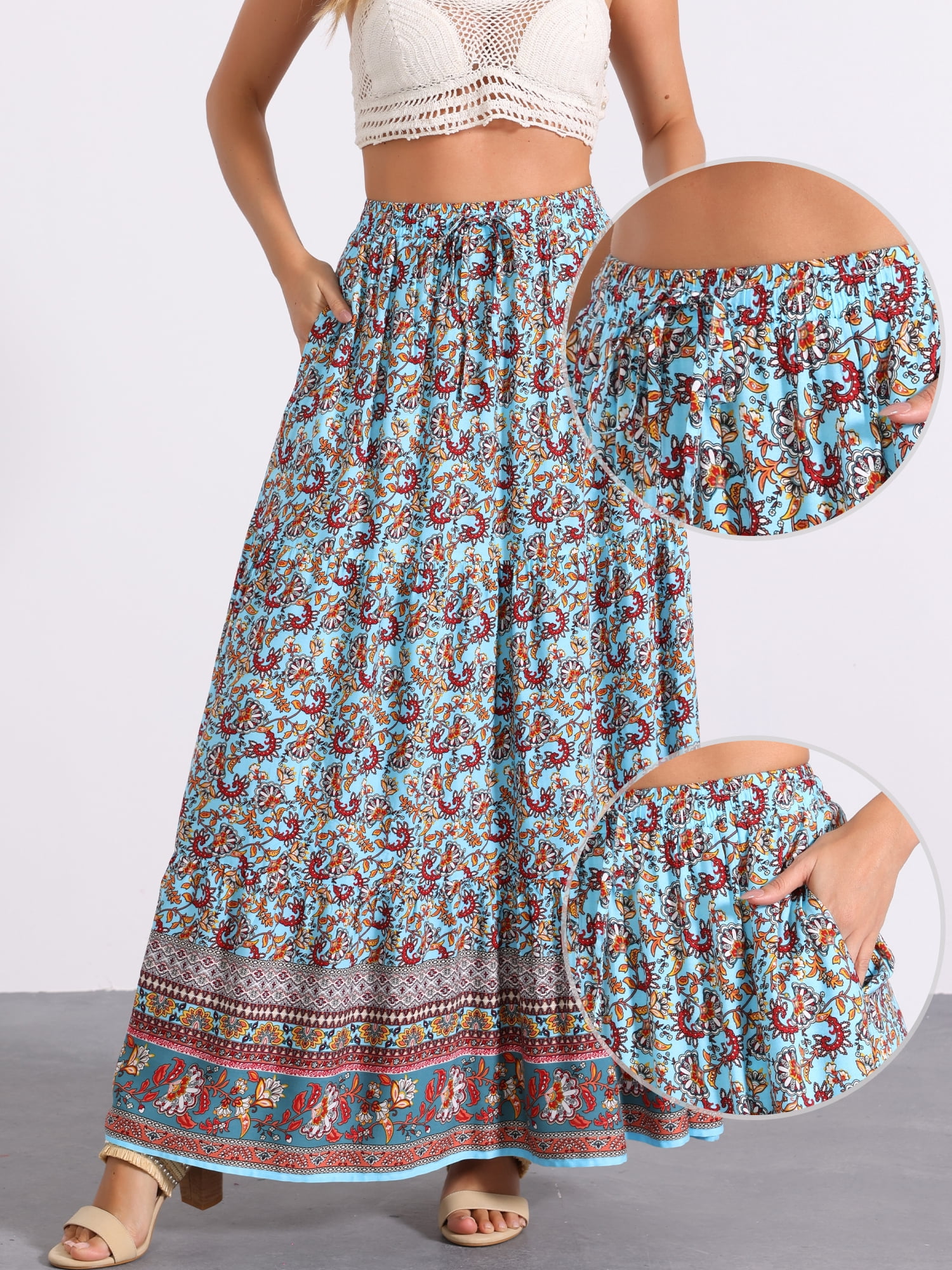 DARING DIVA Women's Boho Flare Floral Skirt XS Blue