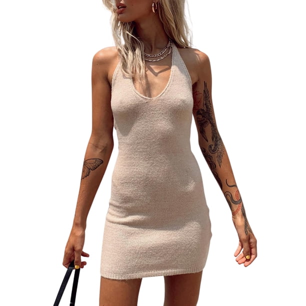SAYOO Vestido Halter de Punto para Mujer, Adultos Sin Mangas Cuello en U de una Pieza SAYOO Sexy