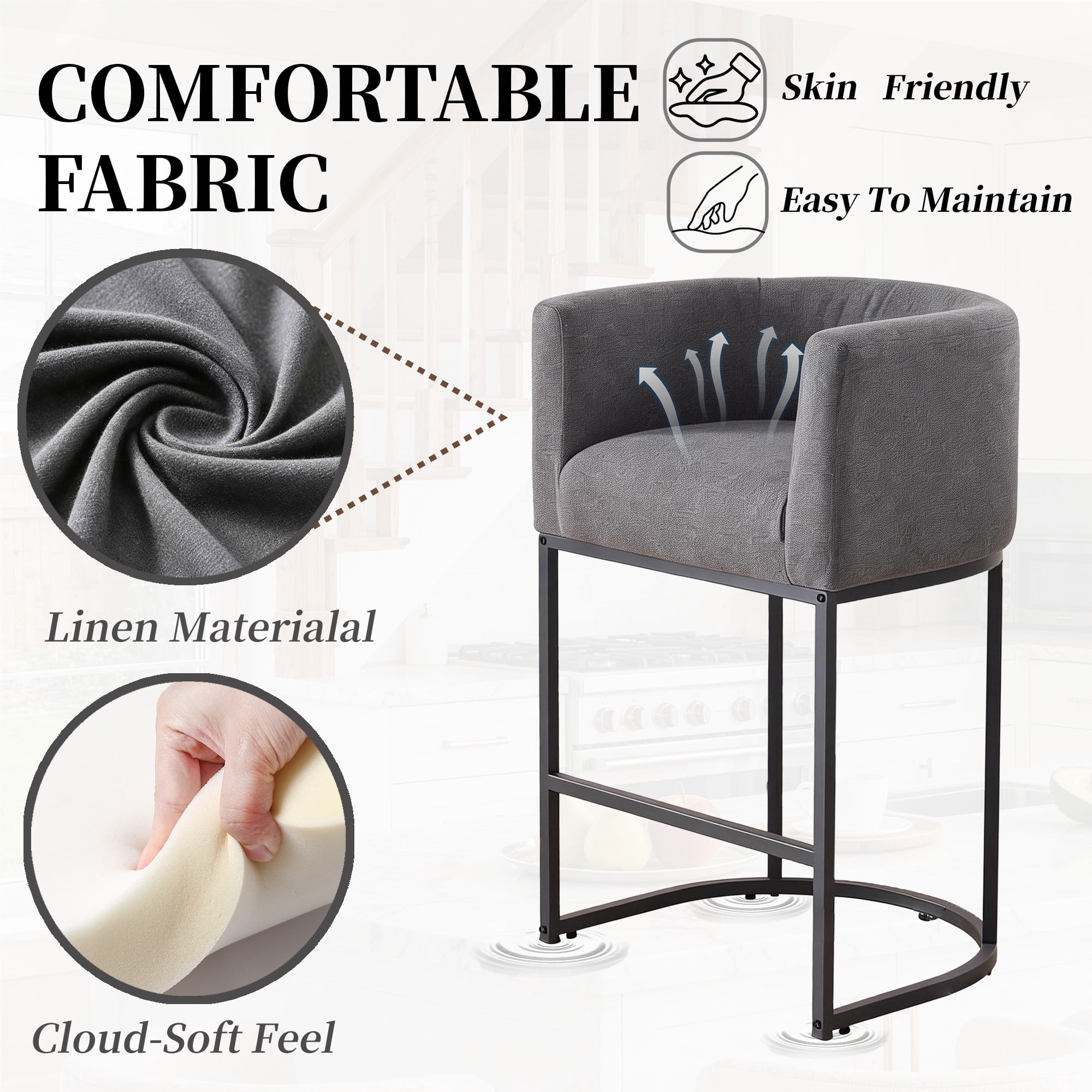 CRERIYO 26" Counter Height Bar Stools Set of 2, Fabric Upholstered Modern Barrel Bar Chairs with Metal Frame, Darkgray