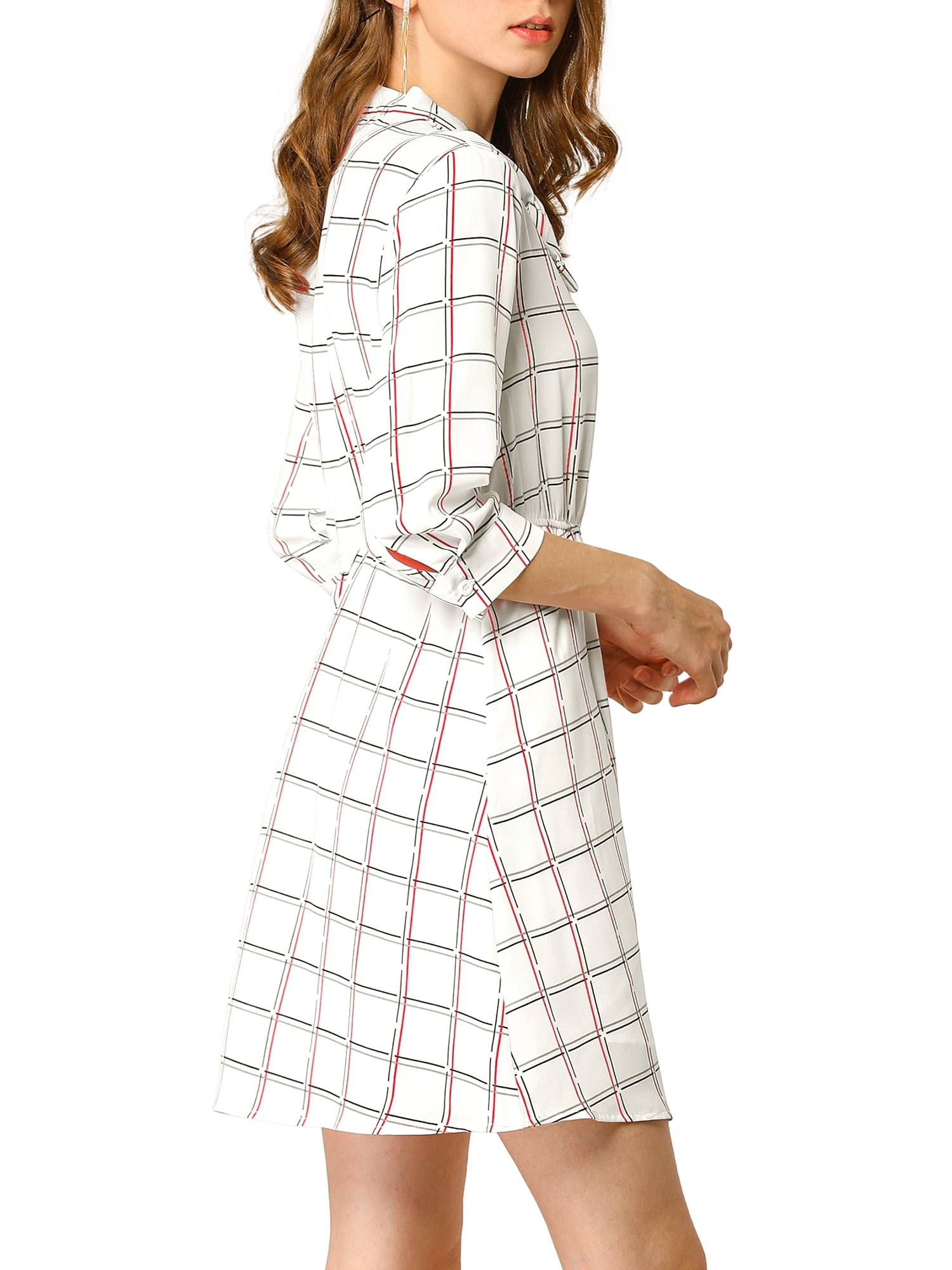 Unique Bargains Women's Plaids Print Tie-bow Neck 3/4 Sleeve Work Office Dress