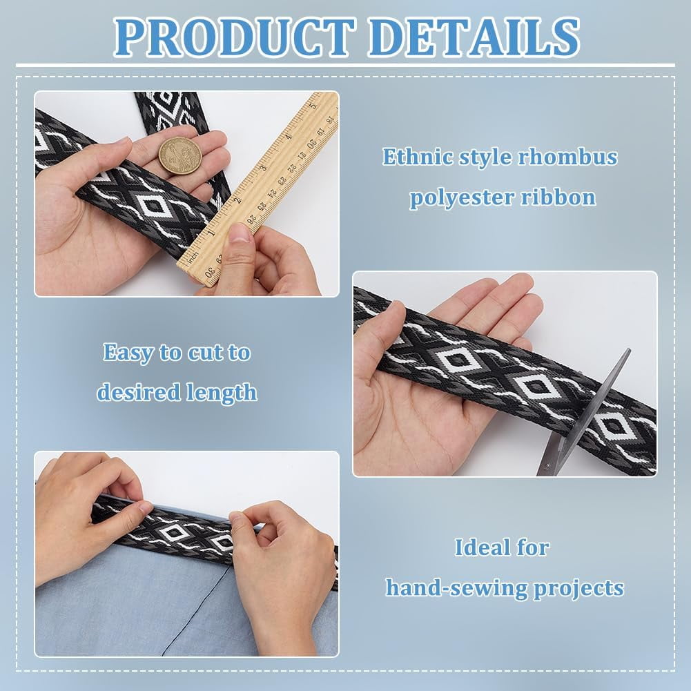 10Yards/9.1m Polyester Webbing Strap 1-1/2 inch Wide Black Color Ethnic Style Double Sides Rhombus Polyester Ribbon Sewing Embellishment