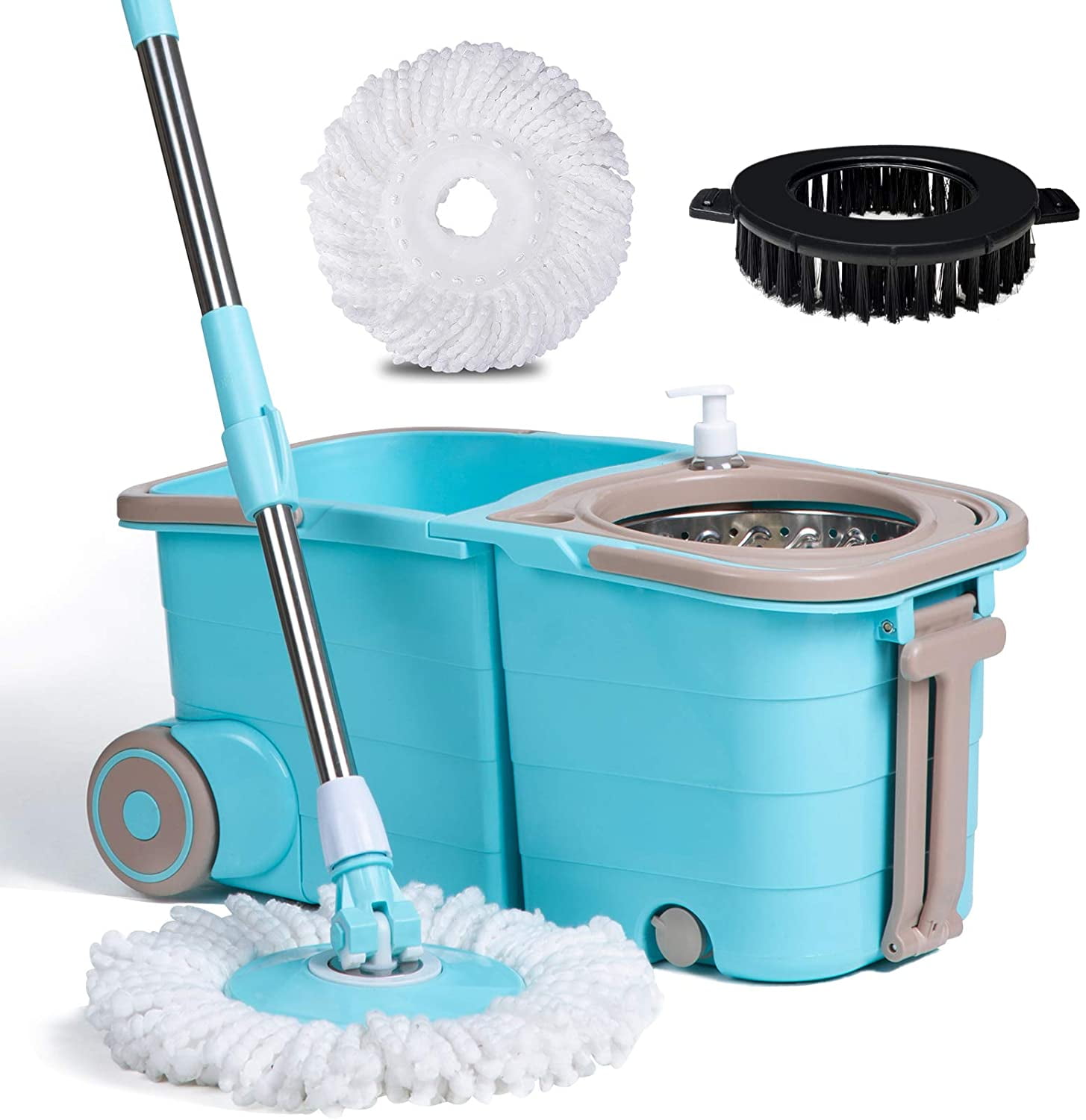 360 Spin Dry Basket with 2 Replacements Microfiber Mop Heads and Stainless Steel Adjustable Handle for Home Floor Cleaning Spin Mop Bucket with Wringer Mop and Bucket Set