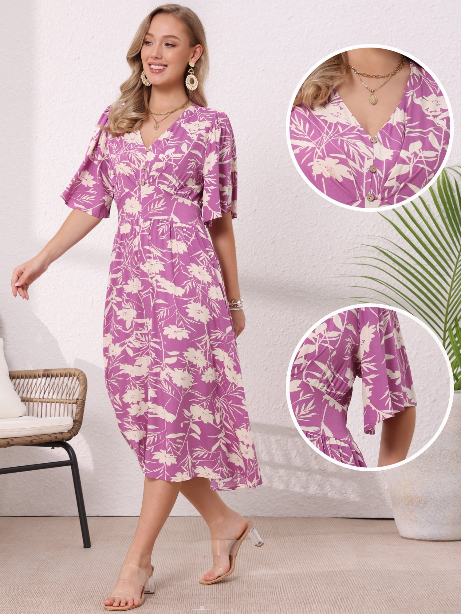 DARING DIVA Women's Floral Midi Flutter Sleeve V Neck Flowy Dresses S Purple