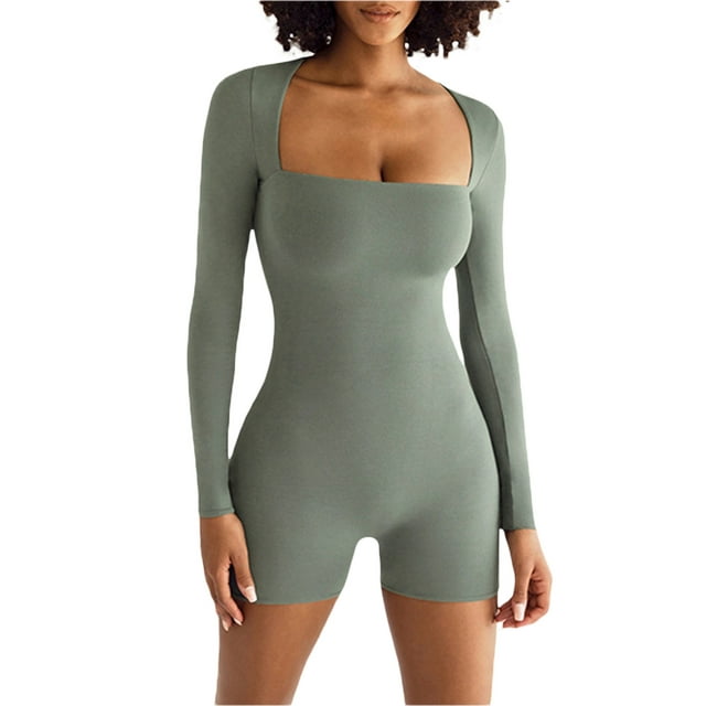 Fortune Women Bodysuits Romper Solid Color Short Romper Long Sleeve Jumpsuits