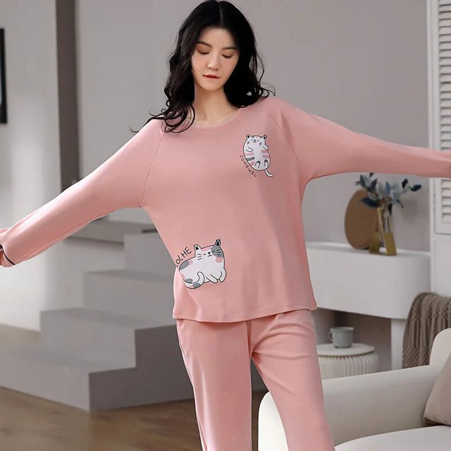 Conjunto de pijama de punto de algodón para mujer, ropa de dormir Floral elegante, pantalones a cuadros, Moda para el hogar, primavera y otoño