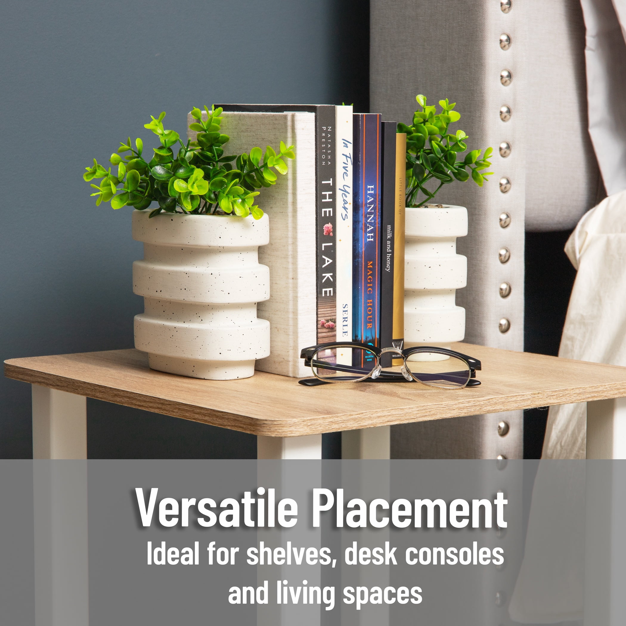 Mind Reader Ribbed Cement Planter Bookends, Faux Greenery for Shelves and Desk Decor, Set of 2, White