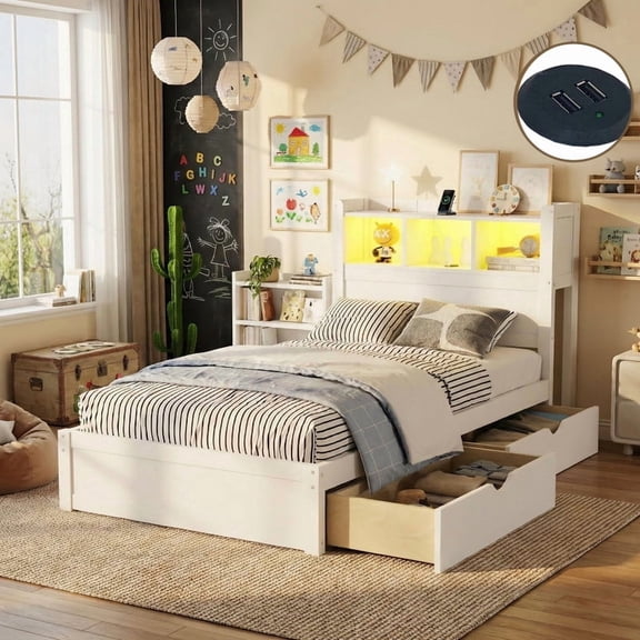 Mirightone Twin Bed Frame with Storage and LED Lights, Wood Twin Platform Bed with Drawers, Charging Station & Pull-Out Cabinet for Teens, White