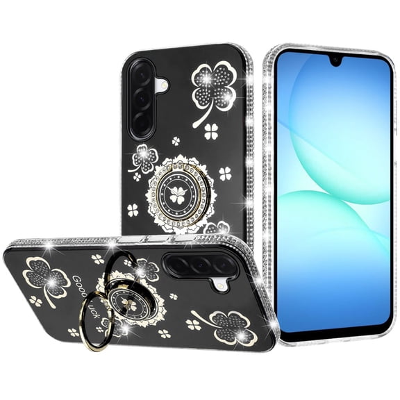 For Samsung A17 5G Splendid Glitter with Diamonds All Around Edges Ring Stand Case Cover - Black