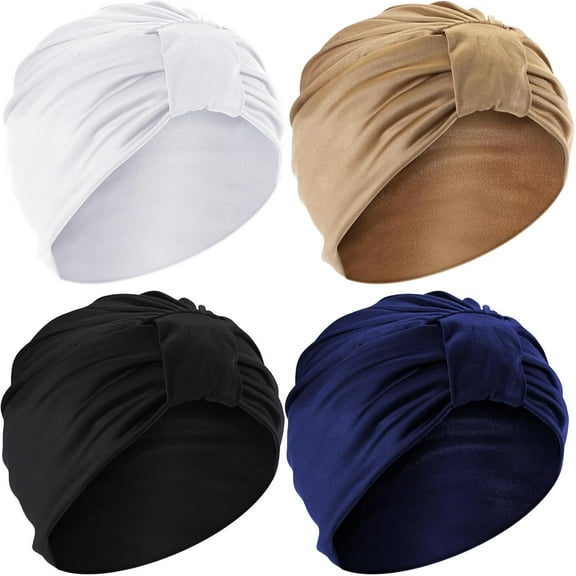 4 Pcs Milk Silk Chemo Headwear for Women Chemo Caps Stretchy Turbans for Women Chemo Head Wraps Pleated Chemo Hats Cancer Headwear Beanie Head Covering for Women Sleeping Swimming, 4 Colors