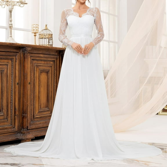 Horkkom Women Wedding Dress Bride Lace Appliques Chiffon Maxi Dresses A Line Evening Gowns Dress Long Sleeves Beach Bride Dress