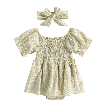 

Musuos Baby Girl Smocked Romper Dress Ruffle Off Shoulder Bubble Ruched Jumpsuit Headband