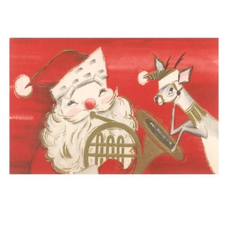 - Reindeer, Santa with French Horn Print Wall Art