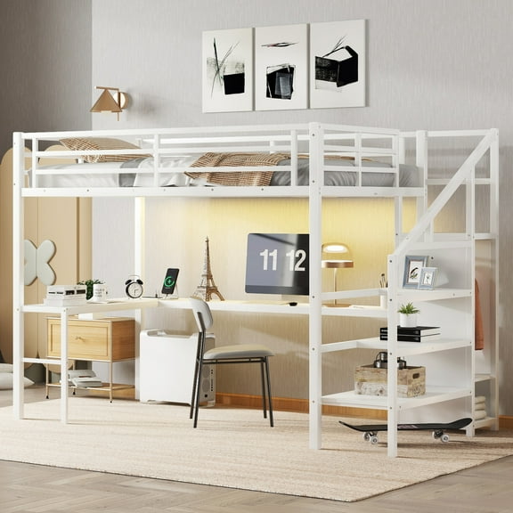 Twin Size Loft Bed Frame with Built-in Wardrobe, Heavy-Duty Metal Loft Bed with L-shaped Desk and USB, LED, High Loft Bed  for Adults, No Box Spring Needed, White