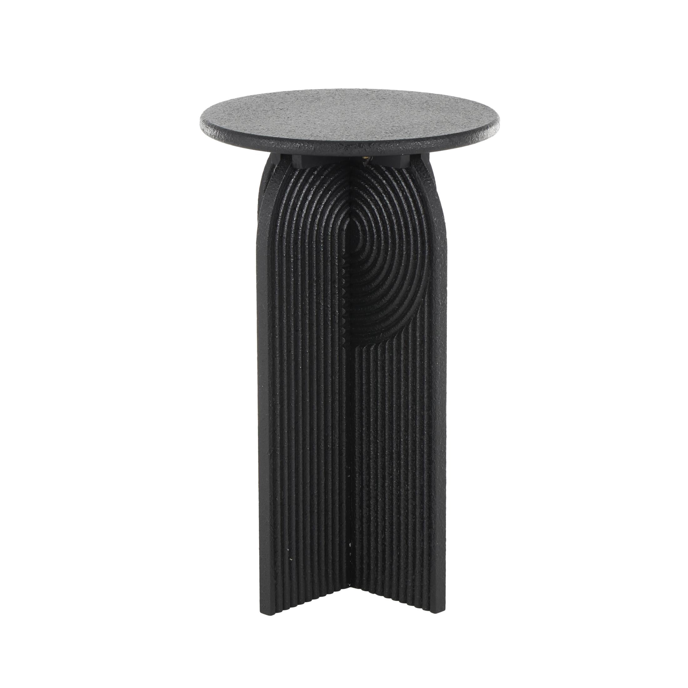 DecMode 11" x 18" Black Wood Sandstone Carved Art Deco Arched Pedestal Geometric Accent Table, 2-Pieces