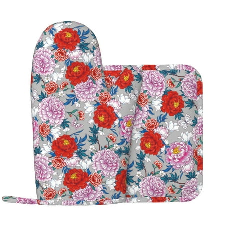 

Oven Mitts and Pot Holders Sets - Colorful Carnations Flowers Butterfly Heat Resistant Silicone Oven Gloves (Left Glove) with Non-Slip Silicone Surface and hot pads for kitchen Baking Cooking