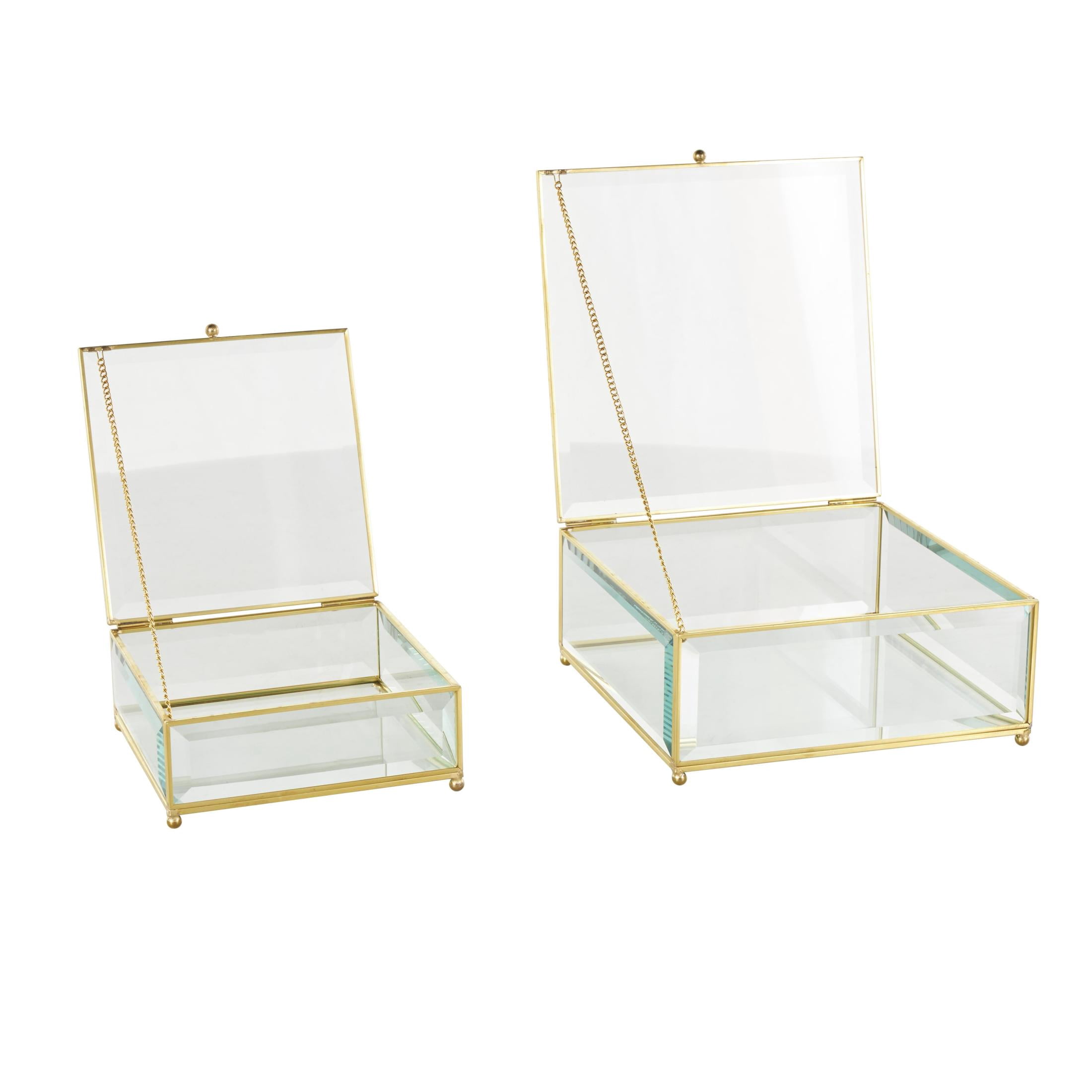 DecMode Beveled Clear Glass Decorative Jewelry Box with Gold Metal Frame and Chain Accent, Set of 2