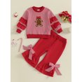 thumbnail image 3 of Toddler Baby Girl Christmas Outfits Stripe Print Ruffled Trim Long Sleeve Sweatshirt +  Bow Flare Pants 1-6 Years Kids Girl Fall Clothes Set, 3 of 10
