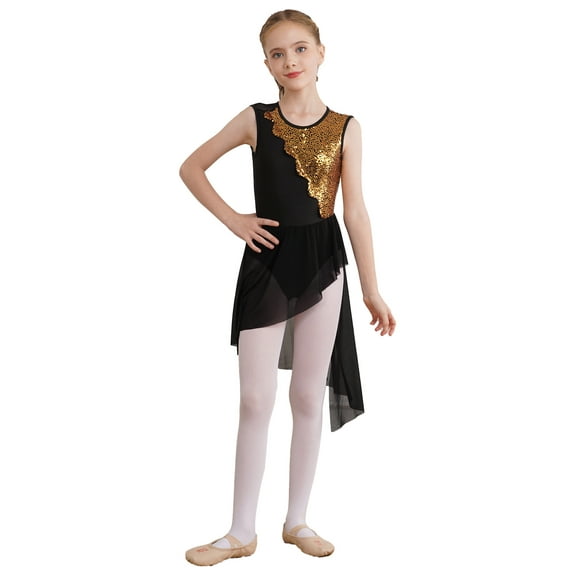 Doomiva Kids Girls Sleeveless Sequins Contemporary Lyrical Dance Dress Ballet Leotard Dress Dancewear Black 10