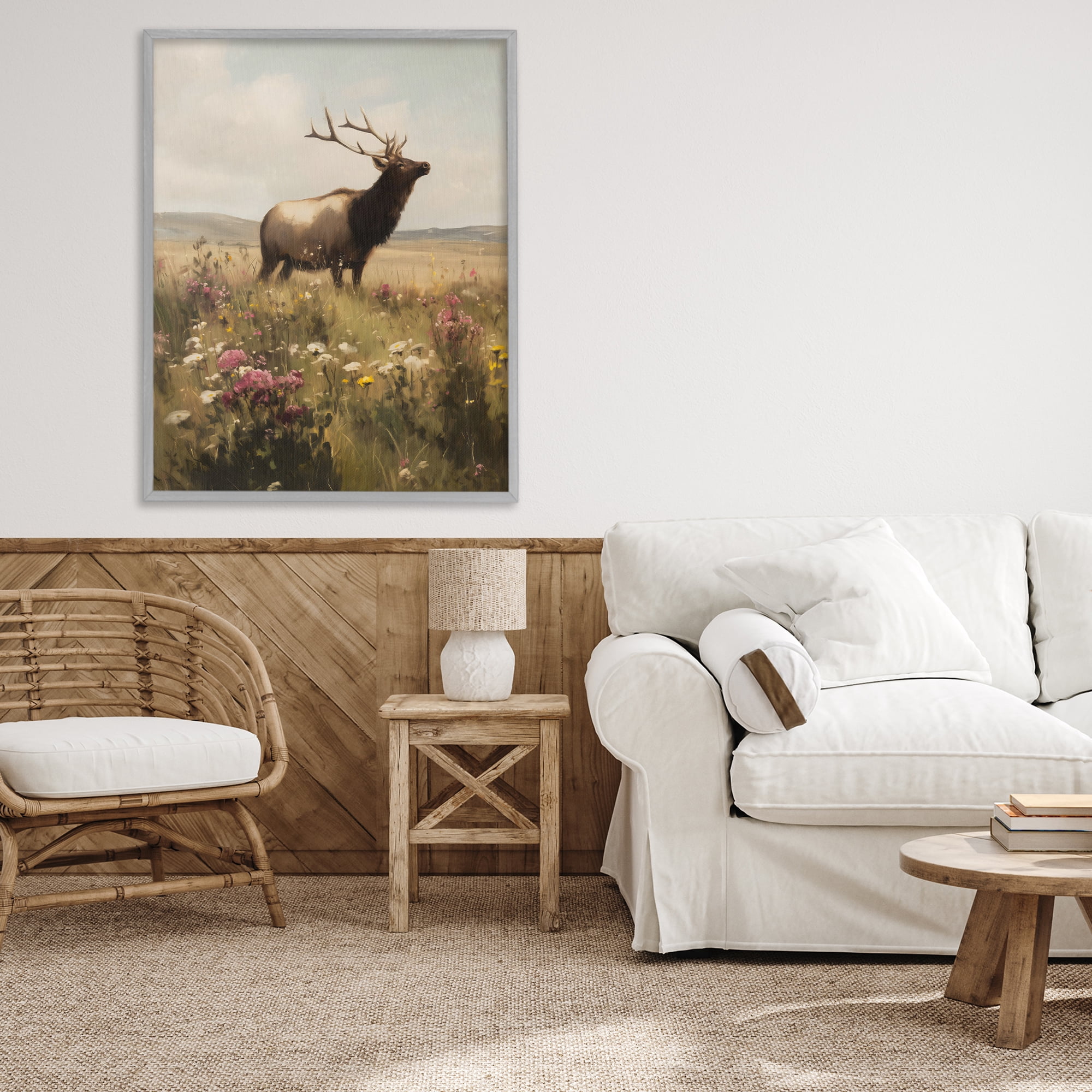 Stupell Industries Elk in the Wildflower Meadow Gray Framed Giclee Art, design by Arlington Prints