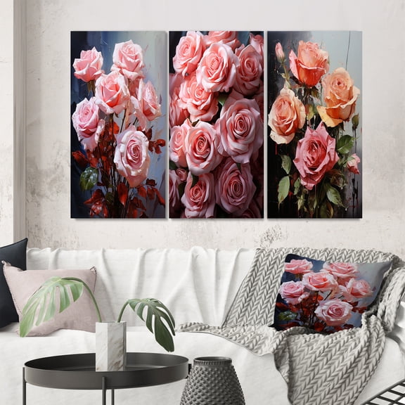 Designart "Ravishing Roses Bouquet Pretty in Pink III" Floral Wall Art Set Of 3 - Pink Roses Gallery Wall Set For Home Decor
