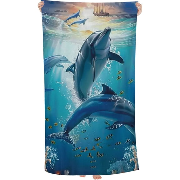 PHYHOO Cute Dolphin Oversized Quick Dry Microfiber Beach Towel Ocean Animals Fish Lightweight Sand Free Towel Super Soft & Absorbent for Travel Swimming Sports 30x60in