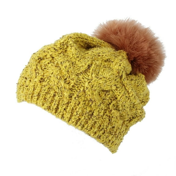 WITHMOONS Winter Knitted Cable Bobble Pom Beanie Hat Slouchy DWP1136 (Yellow)