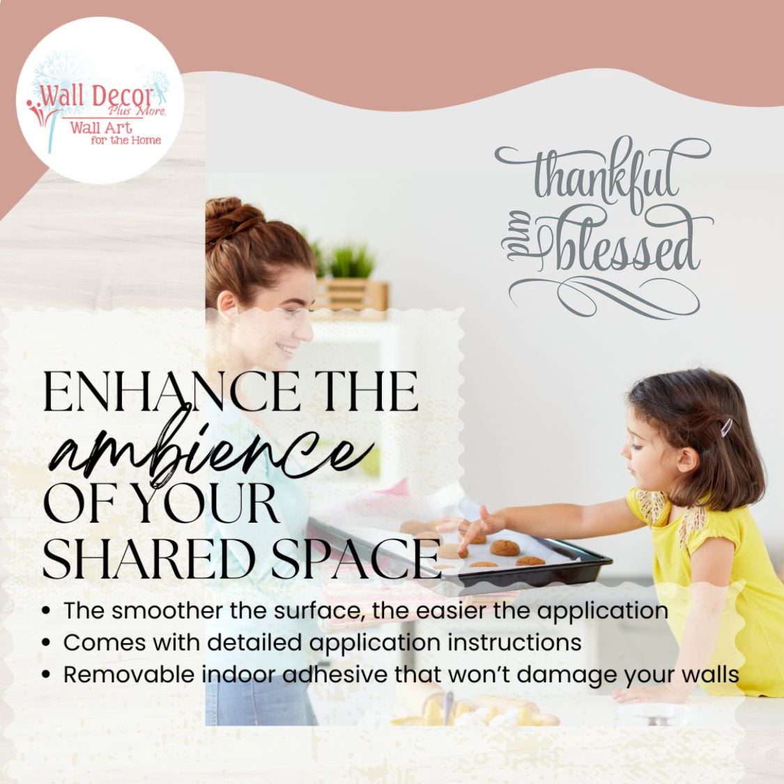 Kitchen Wall Art Decal Thankful Blessed Cursive Word Quote Swirls Wall Stickers 23x19-Inch Storm Gray