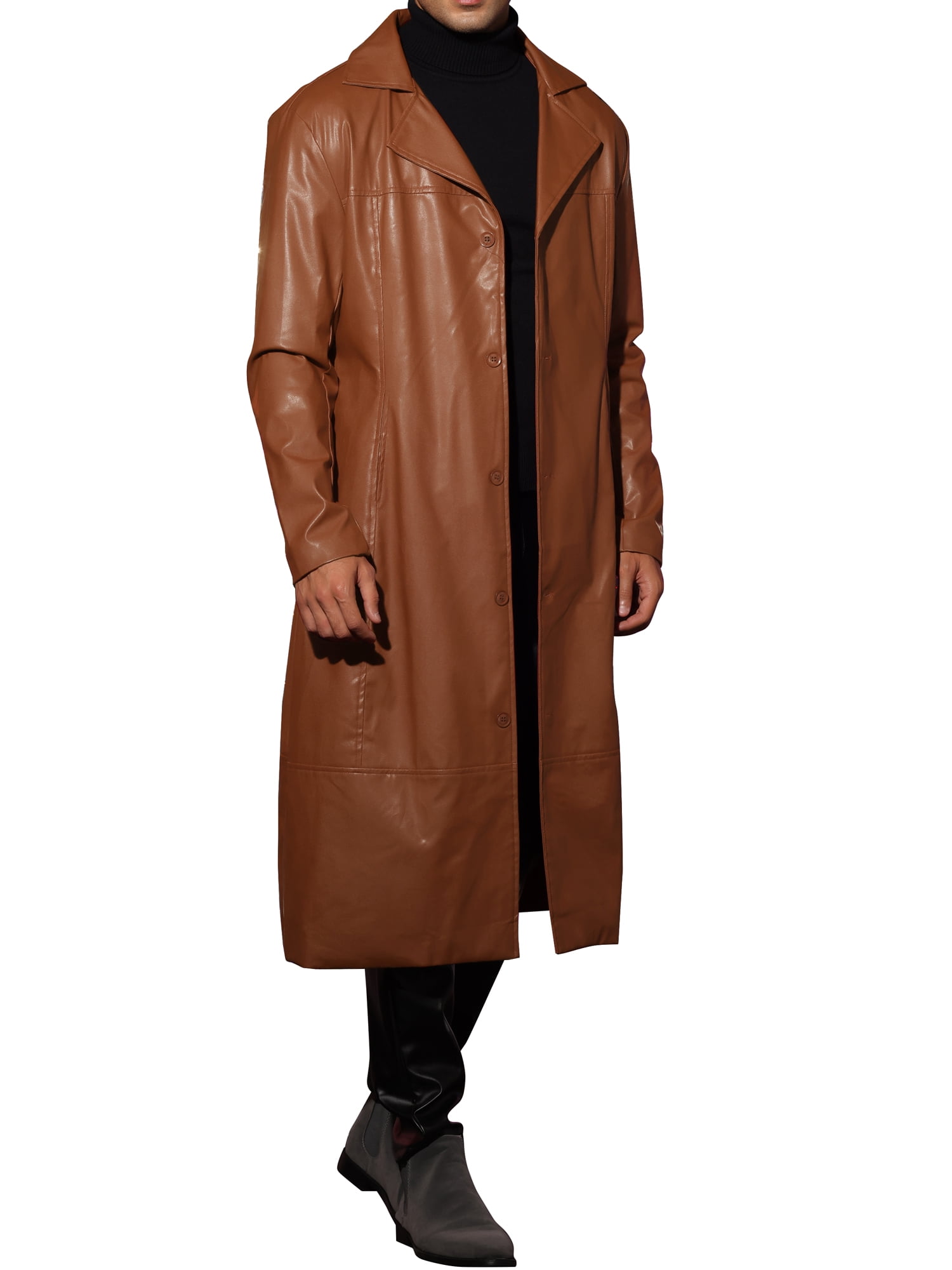 INSPIRE CHIC PU Faux Leather Long Jacket for Men's Lapel Gothic Trench Coat Outwear