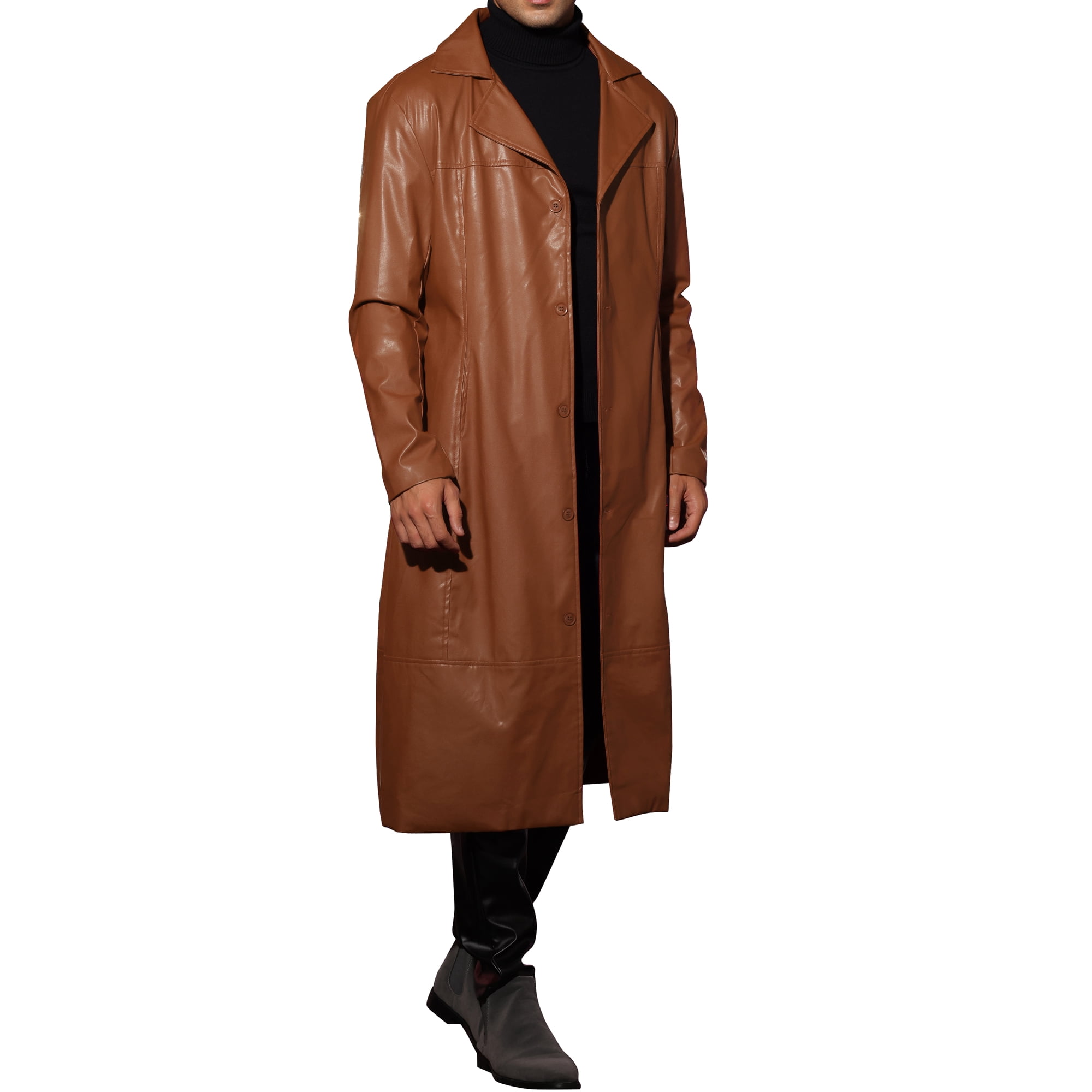 Unique Bargains PU Faux Leather Long Jacket for Men s Lapel Gothic Trench Coat Outwear Brown M Walmart