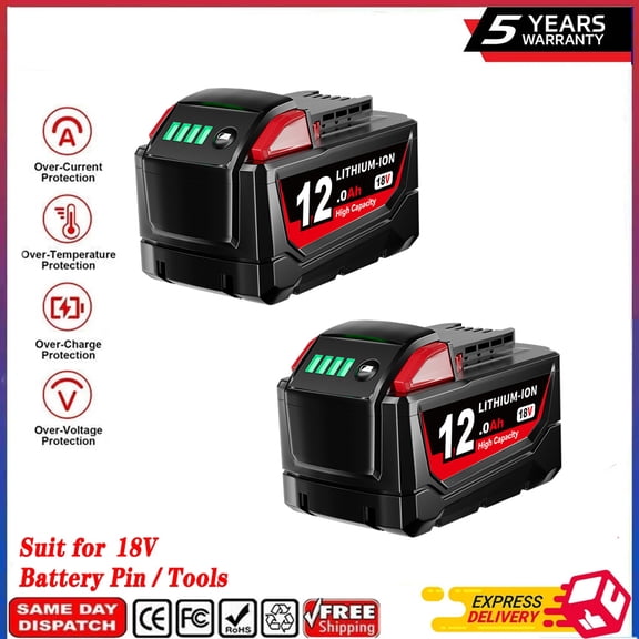 2-Pack M18 12Ah Lithium-Ion Battery Replacement for Milwoke 18Volt Battery 48-11-1850 48-11-1860 48-11-1862 48-11-1865 48-11-1830, Compatible with Original All 18V Cordless Power Tools