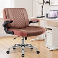 thumbnail image 4 of COOLHUT Criss Cross Office Chair with Flip Padded Backrest, Comfy PU Leather Cross Legged Desk Chair, Flip-Up Arms & Extra-Wide Seat for Home Office, Vanity Chair, Brown, 4 of 15