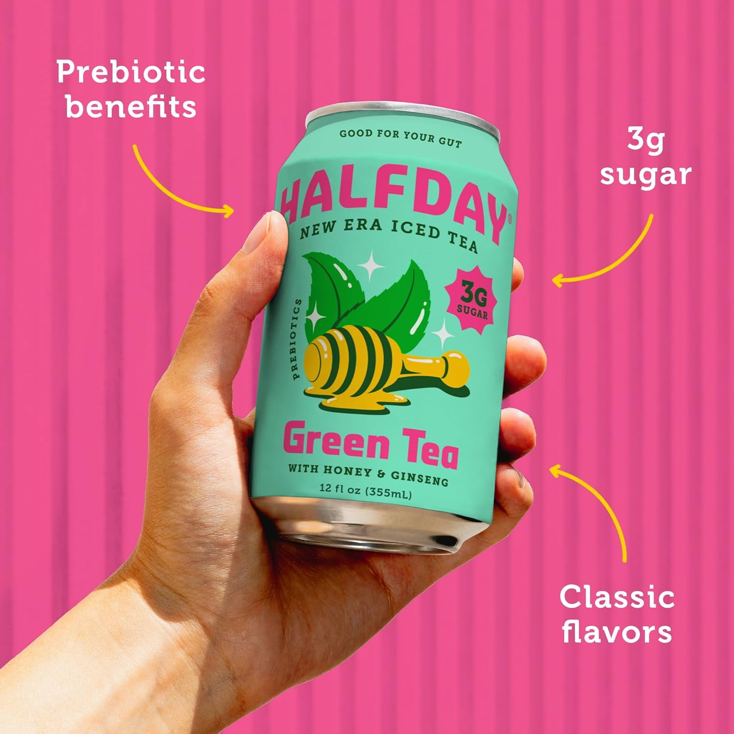 Halfday Green Tea, Prebiotic Iced Tea, 12oz Cans (12-Pack)