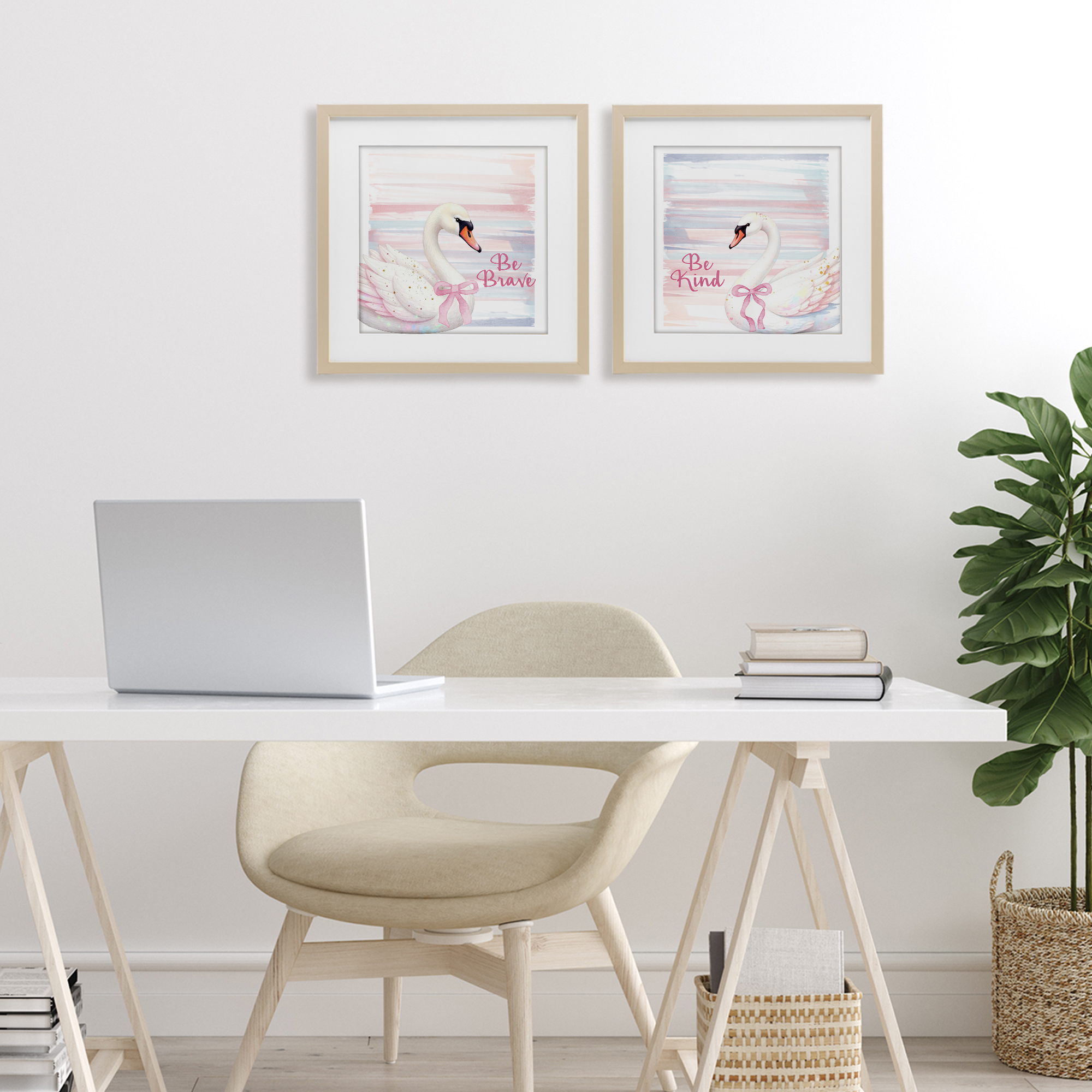 Be Brave & Kind Pastel Swan 2 Piece Birch Framed Print Under Glass Set, design by Kim Allen