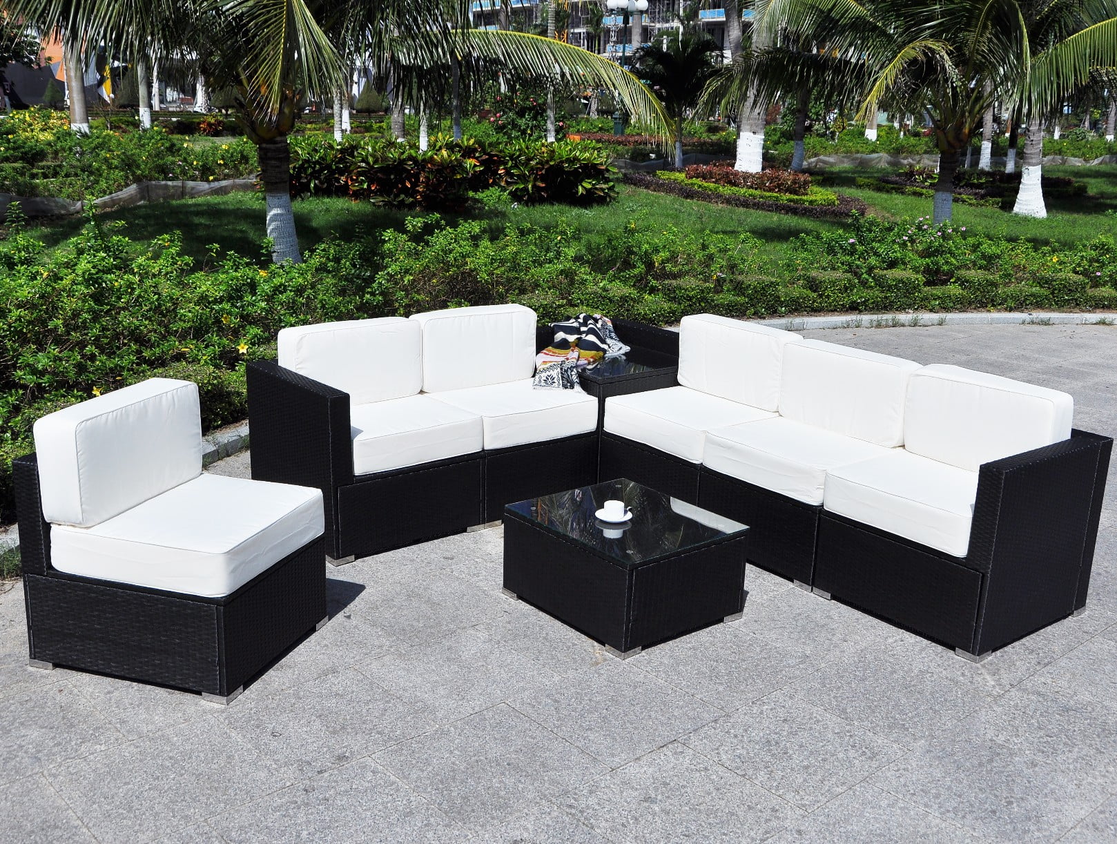 Mcombo Patio Furniture Sectional Set Outdoor Wicker Sofa Lawn Rattan Conversation Chair With 6 Inch Cushions And Tea Table Cream White 6082 8pc Walmart Com Walmart Com